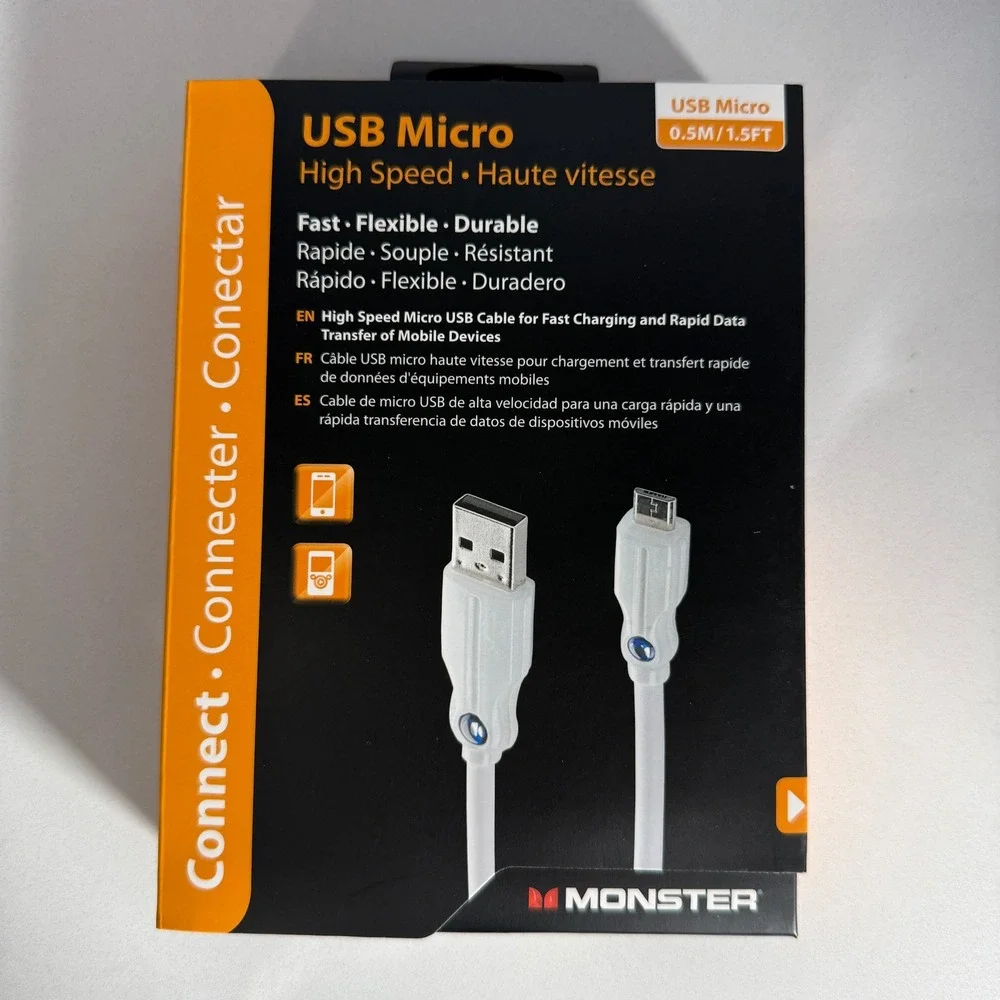 Monster High Speed Micro to USB-A Cable 1.5ft White Fast Charging Data Transfer‎